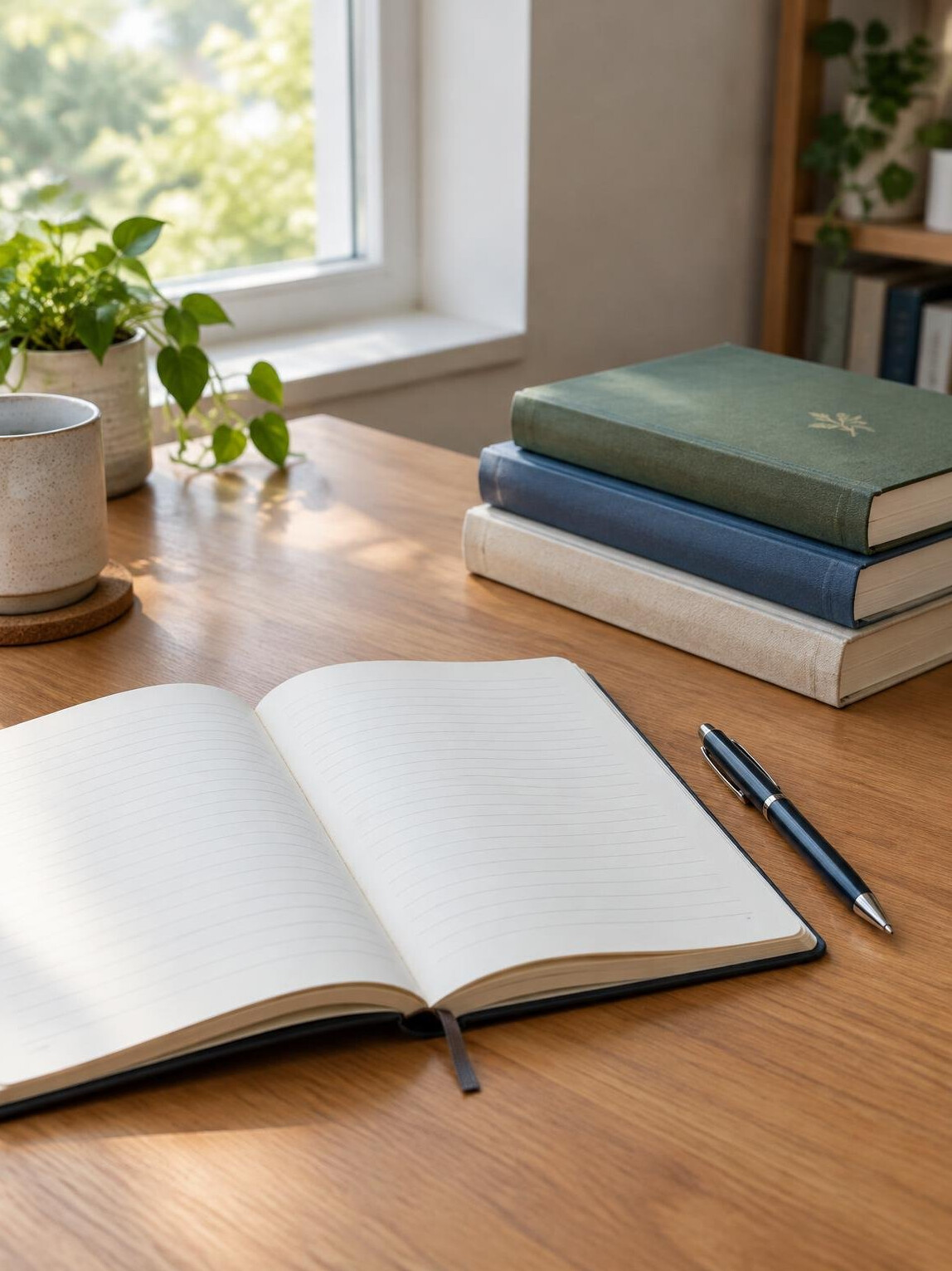Open notebook and stack of books on a desk with soft light