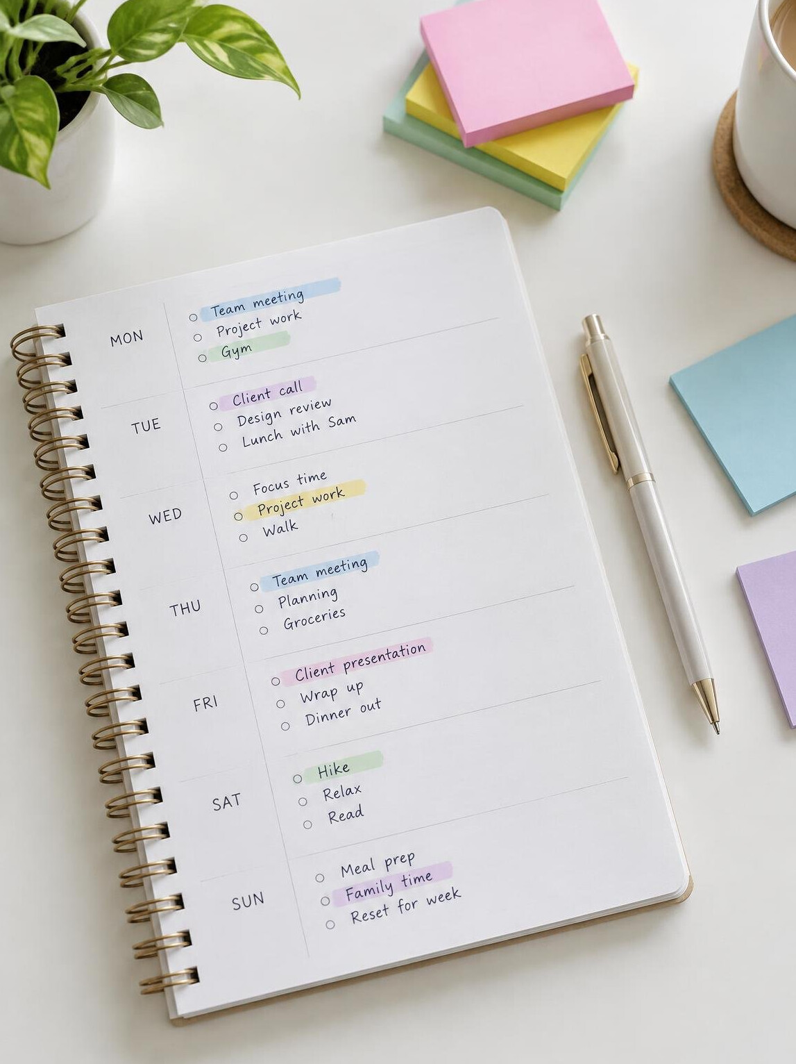 Planning notebook with pen and sticky notes