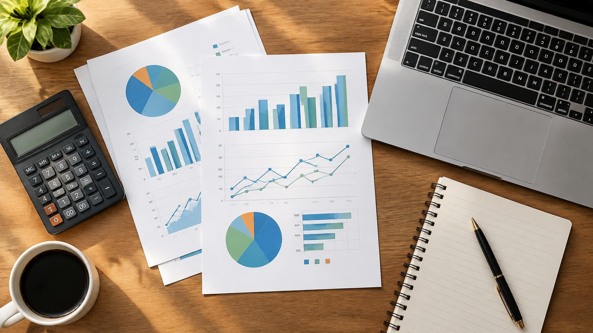 Business documents, charts and laptop on a desk