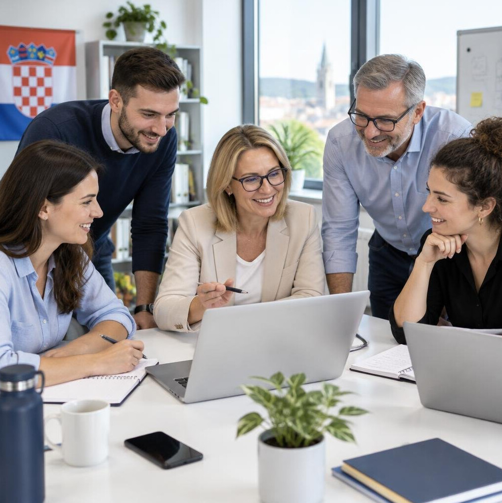 Team of colleagues collaborating around a table with laptops