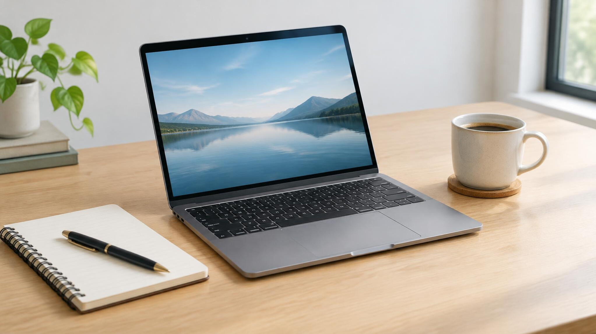 Laptop on a desk with a notebook and coffee cup