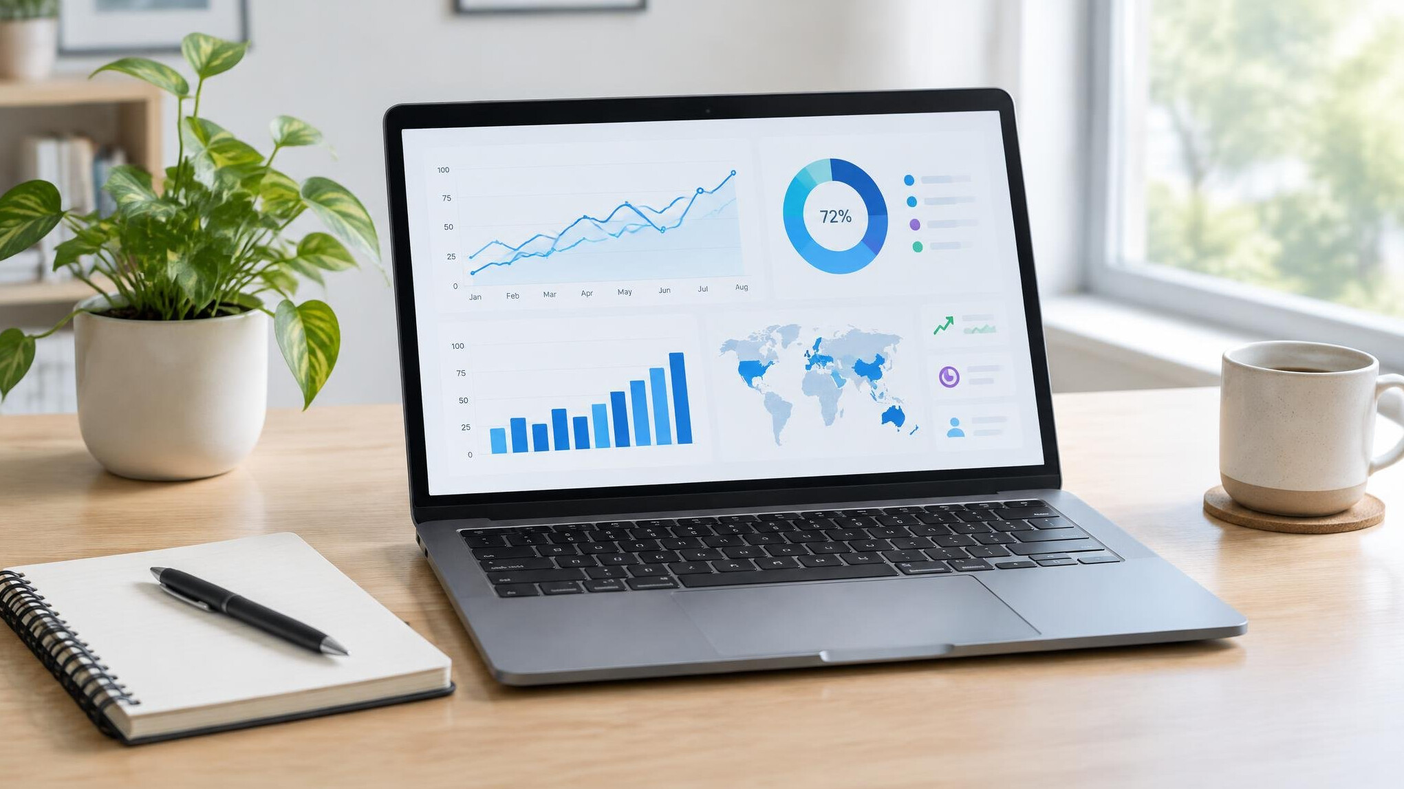 Laptop with analytics charts and notebook on a desk