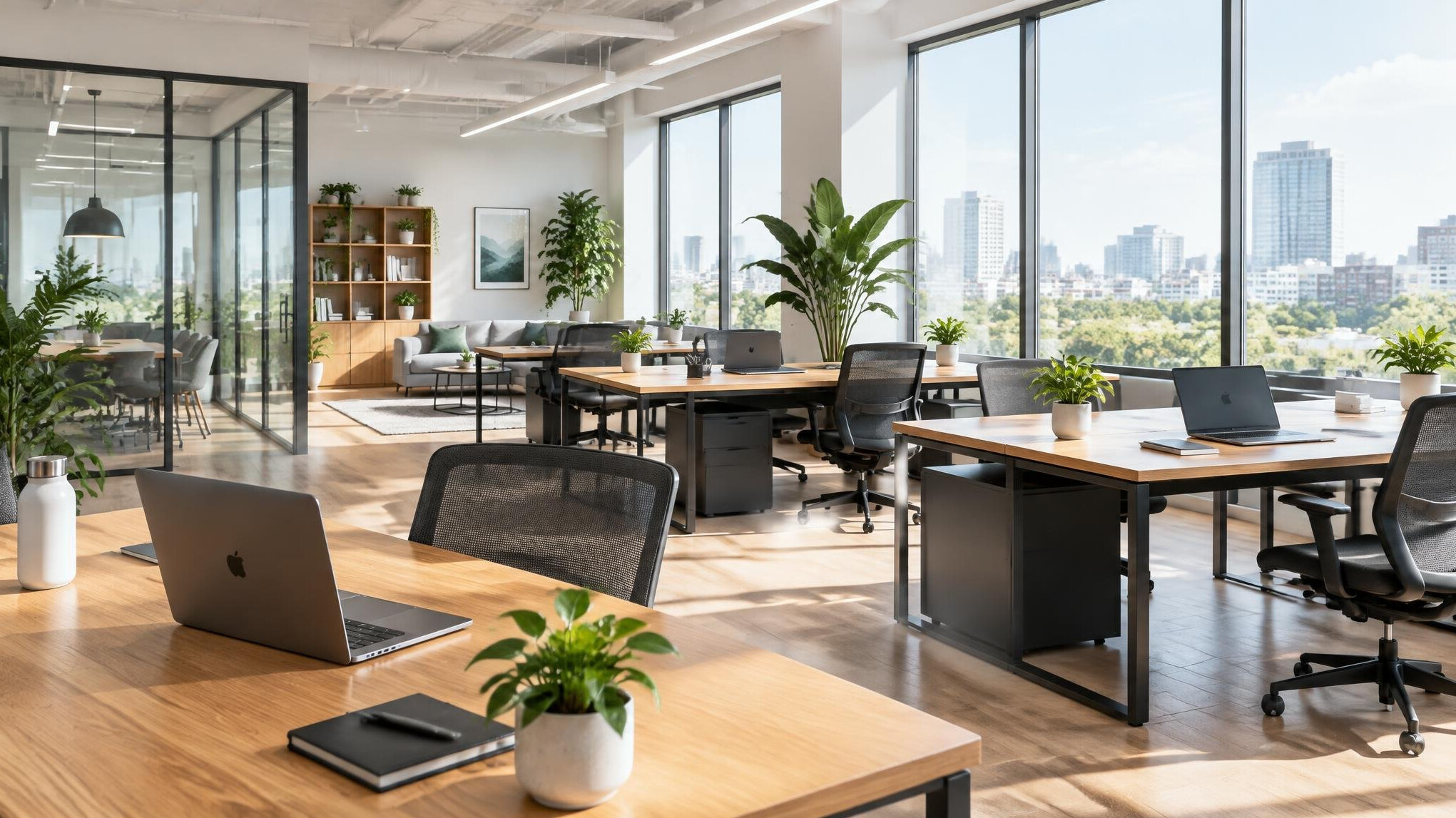 Bright modern open space office with wooden desks and large windows
