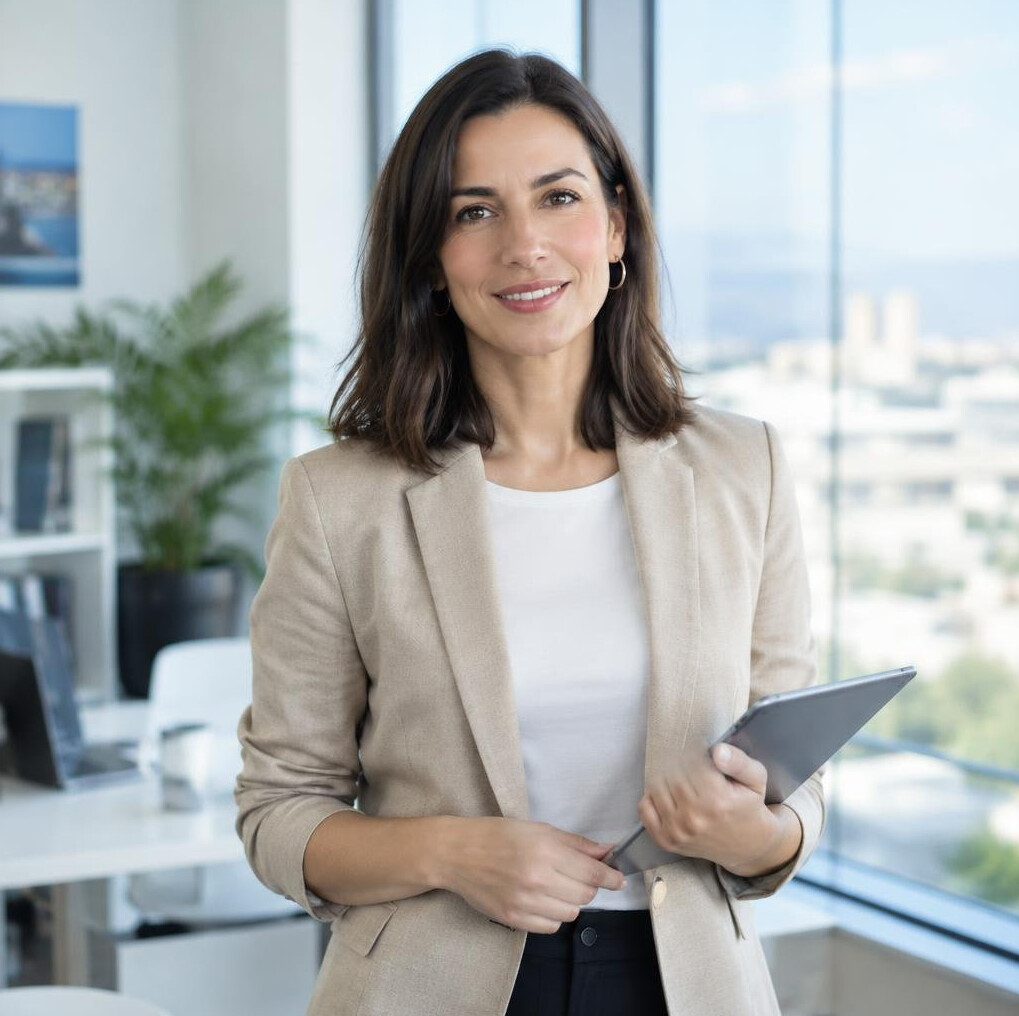 Smiling businesswoman in a bright modern office holding a tablet