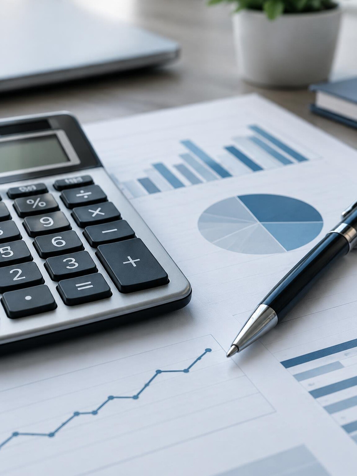 Calculator and financial reports on a desk